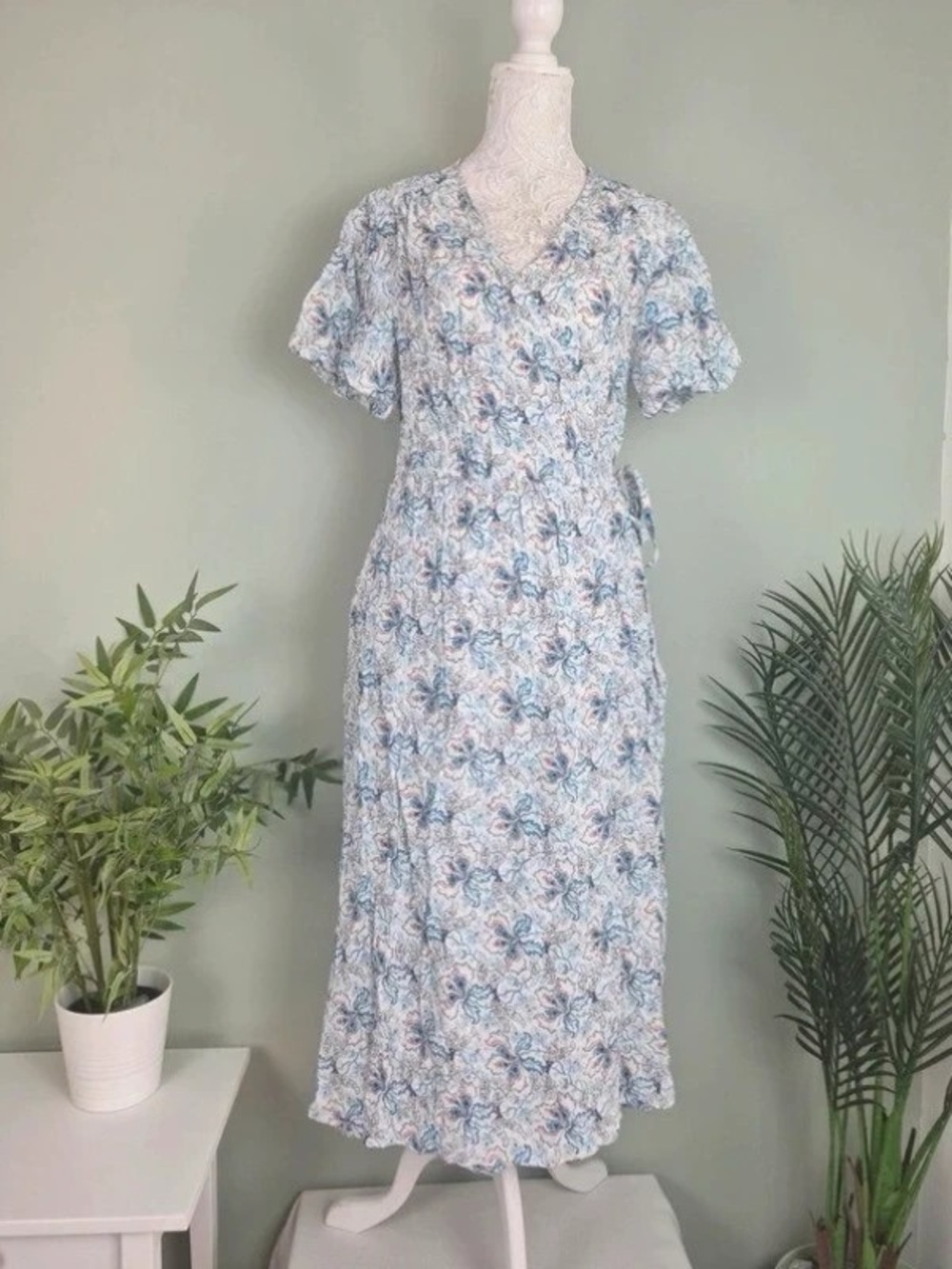 Light Blue & White Floral Maxi Wrap Dress with Puff Sleeves